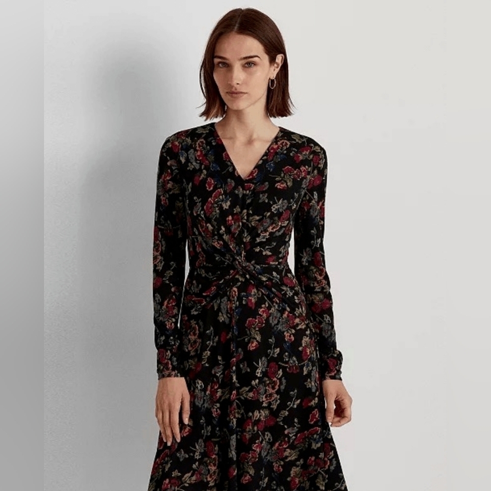 RALPH LAUREN BLACK LABEL Floral Surplice Midi Jersey Dress Sz 12 Vneck - Picture 14 of 14